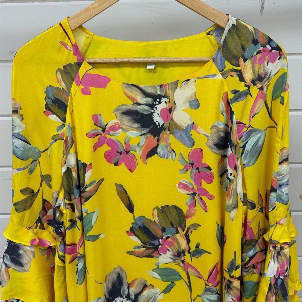 Gianni Bini Dandy Yellow Floral Dress Ruffle Flare Sleeves Women's Large - Picture 2 of 10